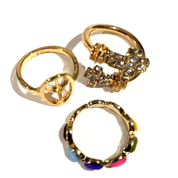 Set of 3 Gold Tone Sparking Cross, Peace Symbol Colorful Rings - Women's Jewelry - Picture 1 of 8